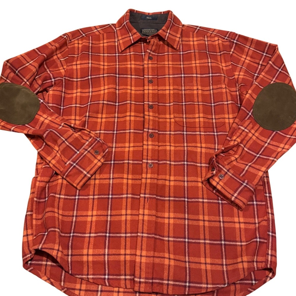Pendleton Trail Mens Medium Orange Red Plaid Wool Flannel Elbow Patch Shirt
